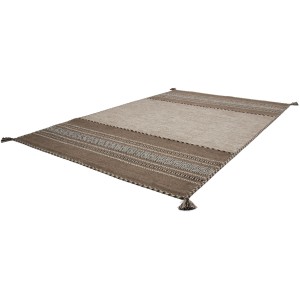 Handgewebter Wollteppich Morena in Elfenbein, 160x230 cm, mit Ethno-Muster und Fransen.