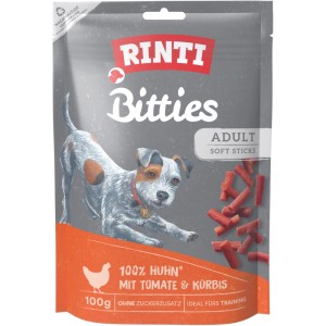 Rinti Bitties Hunde-Snacks Huhn mit Tomate & Kürbis, 100g Packung. Getrocknete Natursnacks für Hunde.