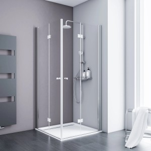 Schulte Drehfalttür Eckeinstieg AlexaStyle2.0, Alu Natur, Klarglas, 100cm. Duschkabine mit Eckeinstieg.