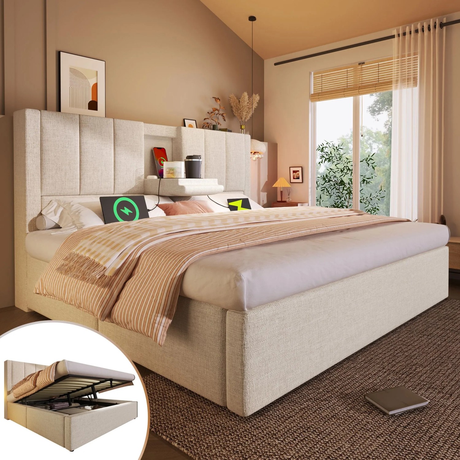 okwish Polsterbett 160x200cm mit Becherhalter Kinderzimmer Beige ohne Matratze_2