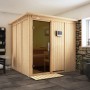 Karibu Sauna Rikka mit Ofen und LED-Dachkranz in Graphit Natur. Massivholzsauna mit Glastür.