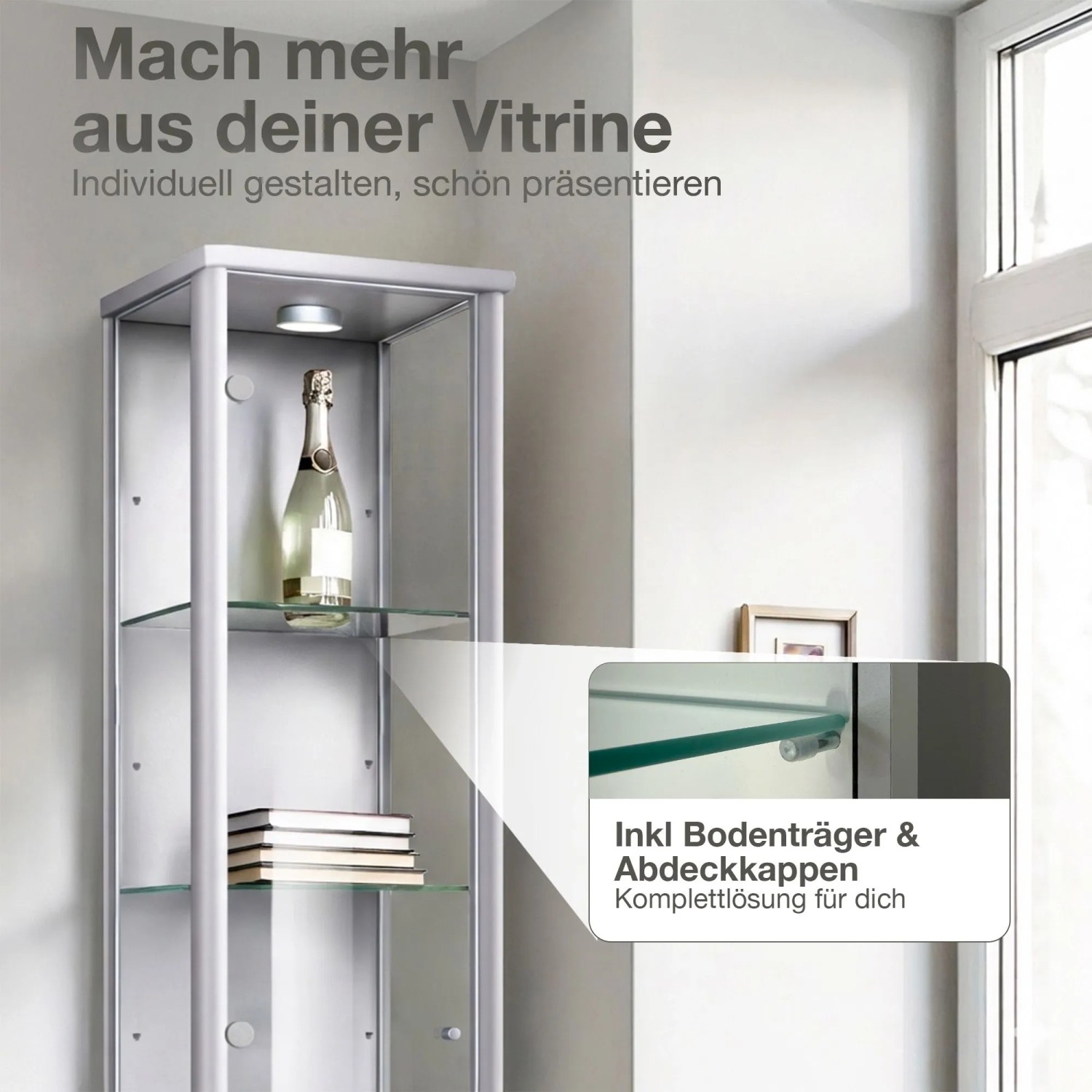 Glasboden-Erweiterungsset für Vitrine (4er Set) mit ESG-Glas und Bodenträgern.