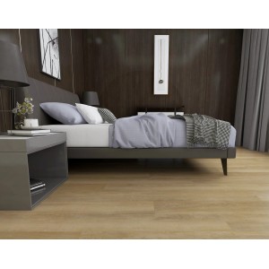 Verlegter Klebe-Vinylboden World of Dryback Akron Oak Breitdiele Town im Schlafzimmer.