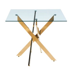 okwish Esstisch mit GlasTischplatte KreuzGestell KuecheWohnraum 80x80x75cm Goldfarben