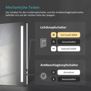 Emke LED Badspiegel: Mechanische Tasten rechts steuern Licht (Warmweiß 3000K, Kaltweiß 6500K) und Anti-Beschlag-Funktion.