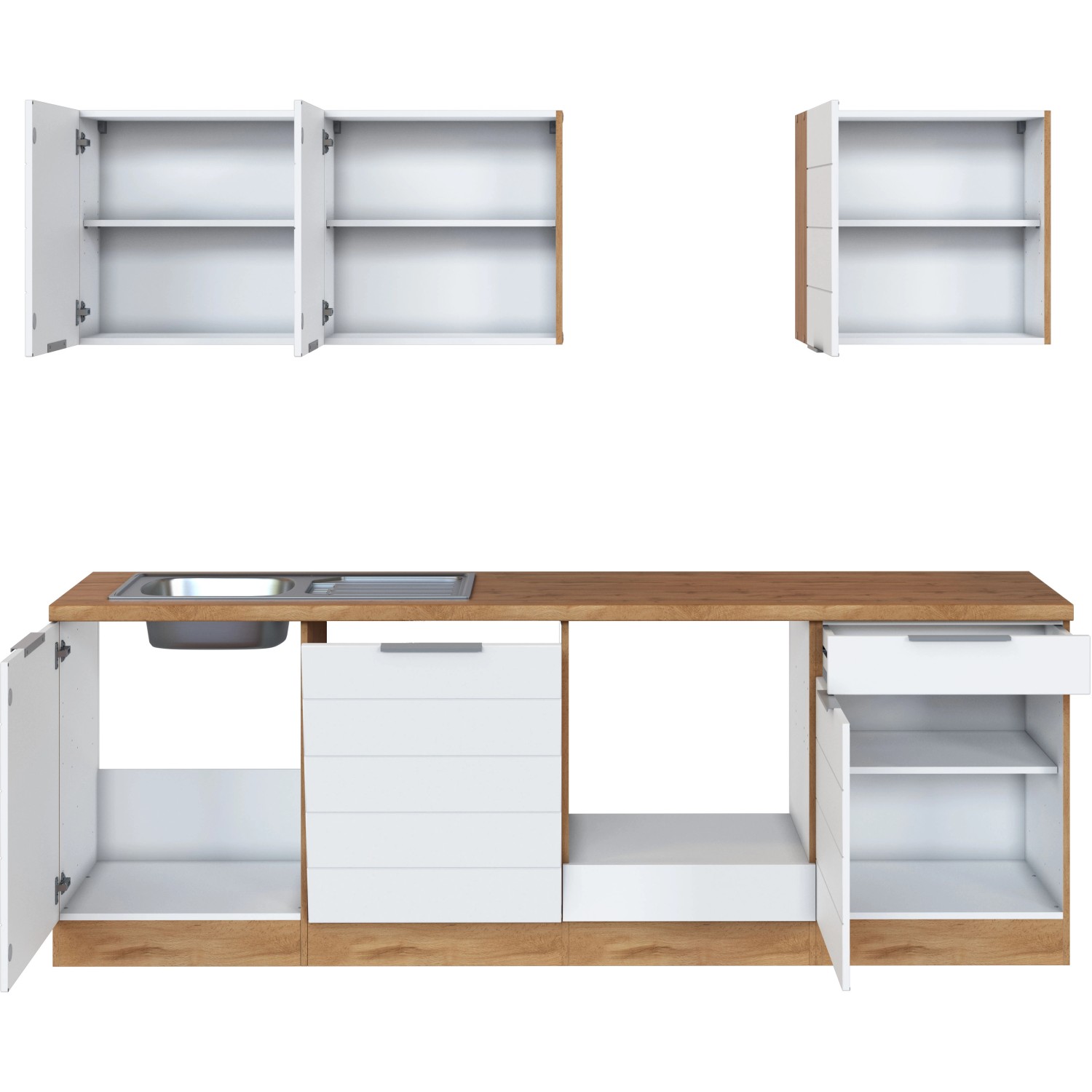 Küchenzeile in Weiß-Wotaneiche, 240 cm breit, ohne E-Geräte. Unterschränke, Hängeschränke und Spüle.
