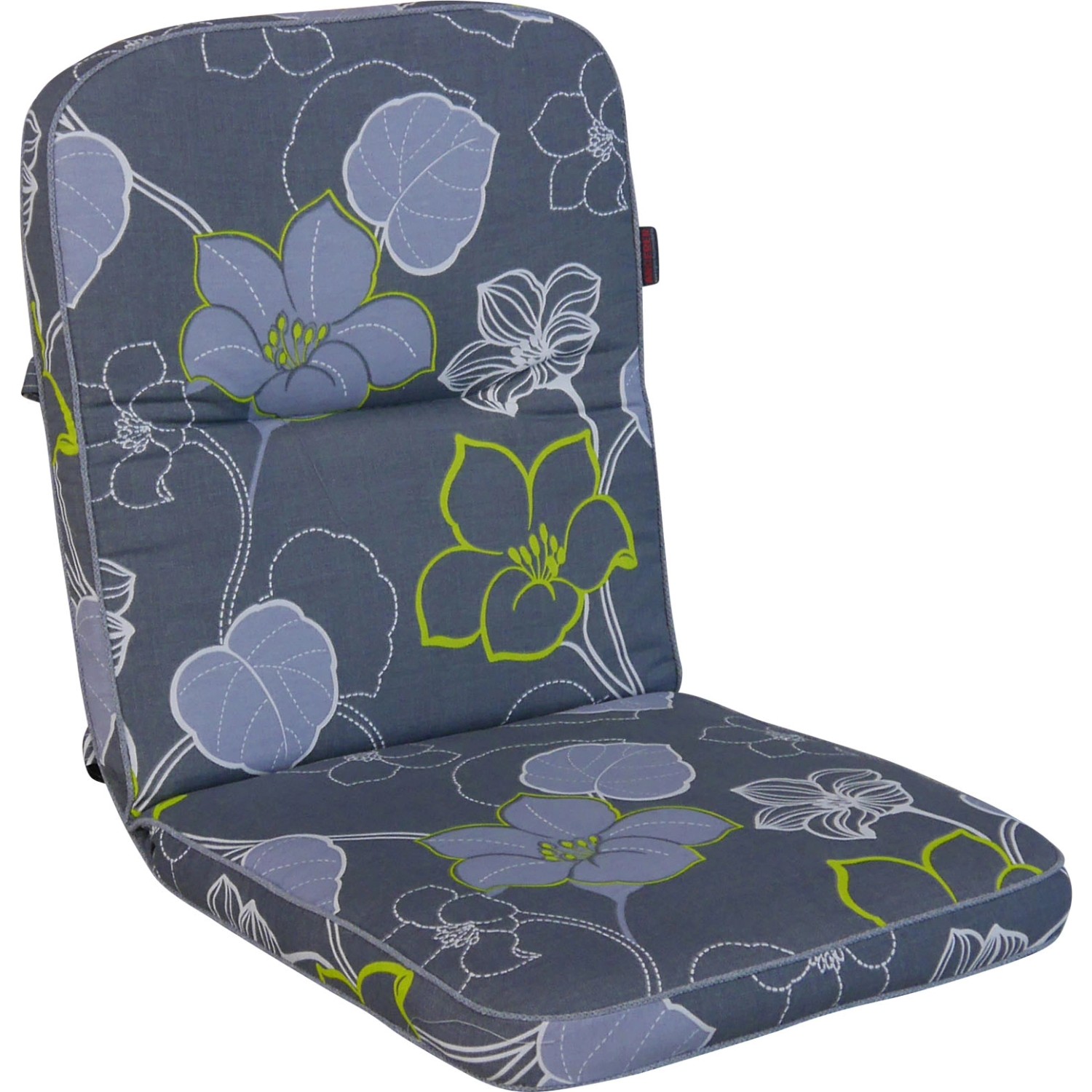 Angerer Stuhlauflage Niedrig Meran Grau Blumen für Gartenstuhl, mit floralem Muster.