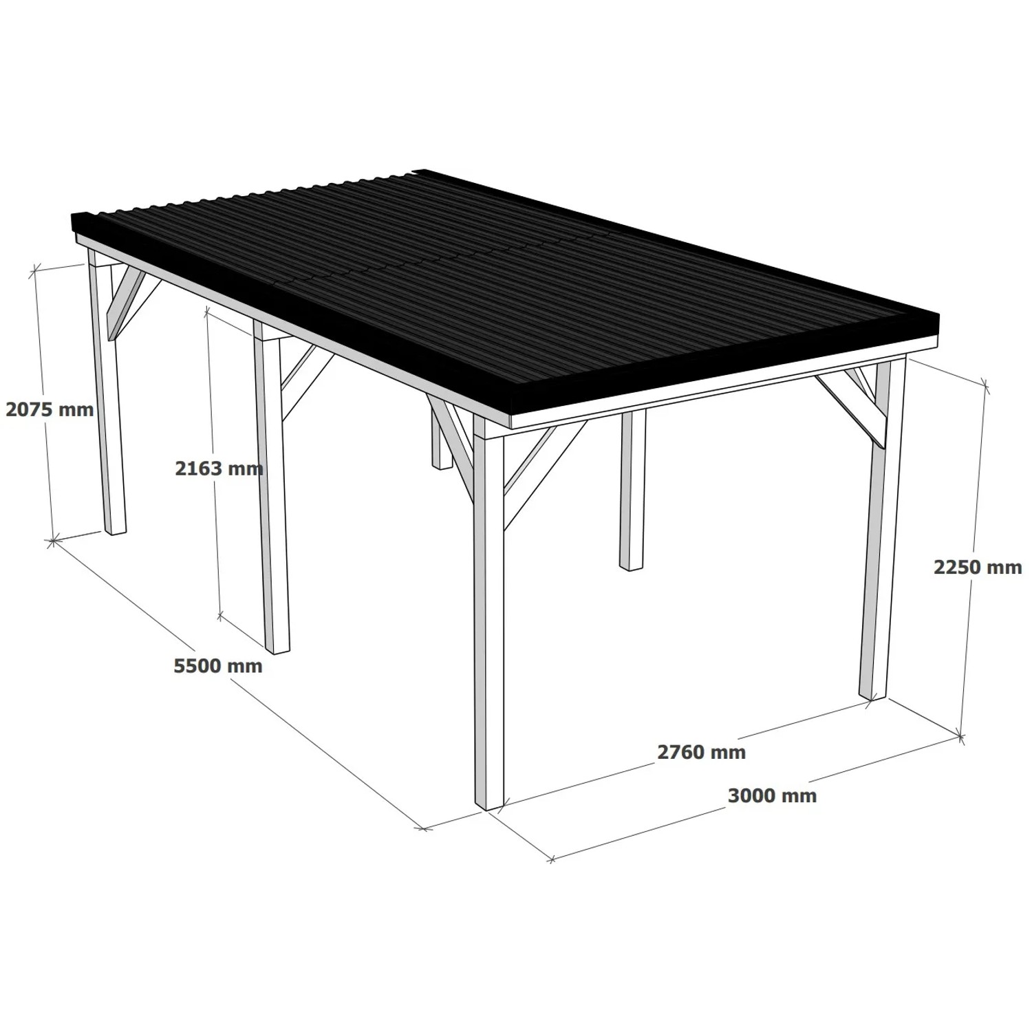 Holzbrüder Einzelcarport Ralf Natur, 300x600cm, mit dunkelgrauem Blechdach. Technische Zeichnung mit Maßen.