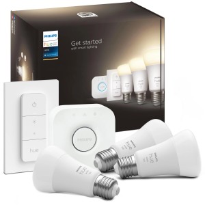 Philips Hue Starter-Set mit 3 E27 Leuchtmitteln, Dimmschalter und Hue Bridge.