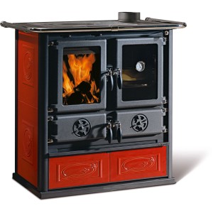 La Nordica Küchenherd Rosetta, rot, mit Kochfeld, Backofen und Holzfeuer.