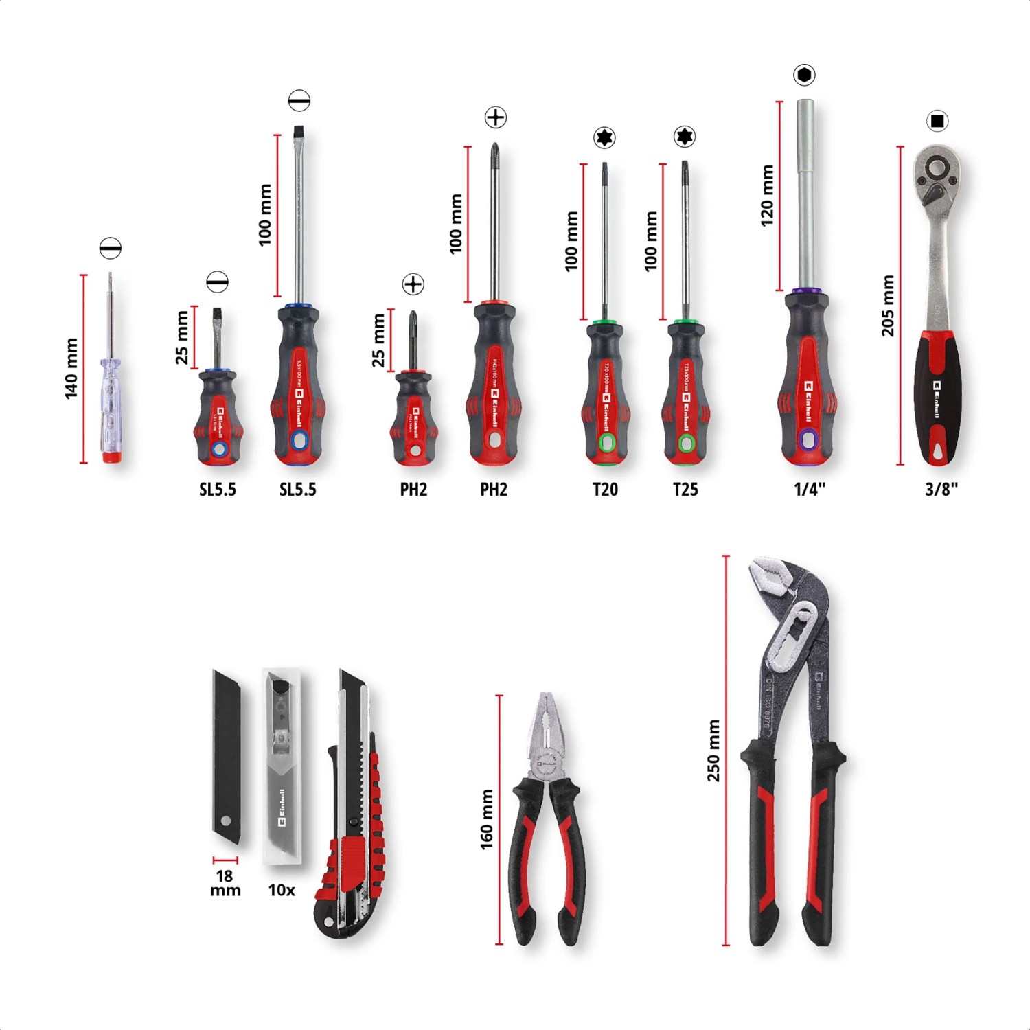 Einhell Werkzeugkoffer Universal 80-tlg. E-CASE: Schraubendreher, Zangen, Messer, Steckschlüssel und Ratschenschlüssel im Set.