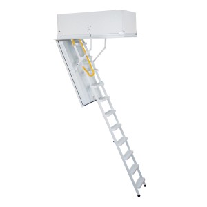 Minka Dachbodentreppe Type 1 Passiv Plus (130x70 cm) in Weiß mit gelbem Handlauf.