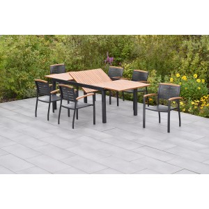 Merxx Tinos Gartenmöbel-Set mit Ausziehtisch (180/250x100cm) und 6 Stühlen aus Akazie und Aluminium.
