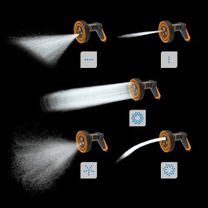 Fiskars Präzisionsbewässerung Starter-Set Comfort, verschiedene Sprühbilder dargestellt.