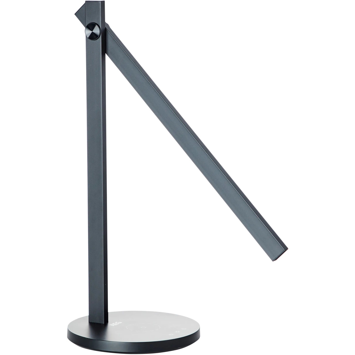 Moderne, schwarze LED-Schreibtischleuchte Devy mit Touchdimmer und Induktionsladefläche.