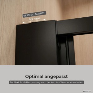 Mattschwarzes Schulte Duschkabinenprofil mit 40 mm Verstellbereich für flexible Nischenduschen-Anpassung.