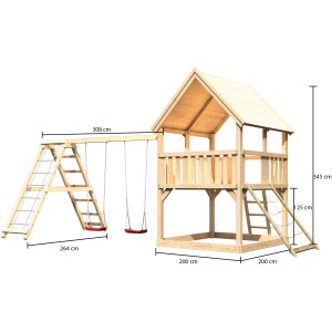 Karibu Spielturm Luis mit Doppelschaukel, Klettergerüst und Netzrampe aus Fichtenholz.