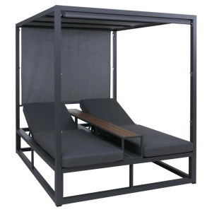 Dunkelgraue MCW Alu Lounge-Gartenliege mit Polster und Tisch für zwei Personen.