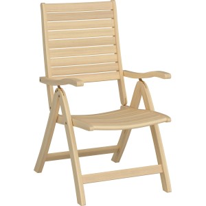 Verstellbarer Klappstuhl Canston aus Holz mit Armlehnen in Natur für den Garten.