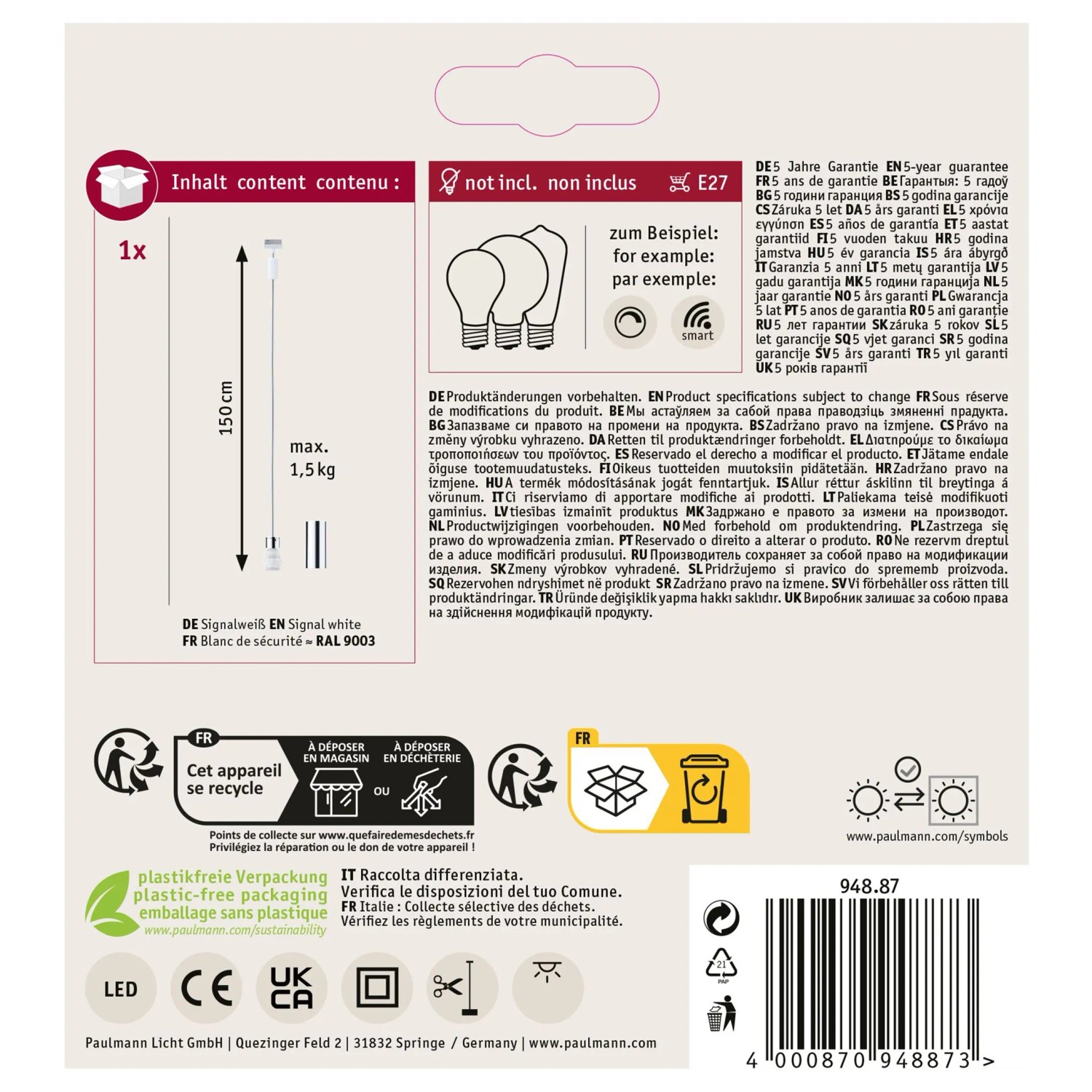 Paulmann URail Pendelleuchte in Signalweiß, 150cm, für LED-Schienensystem.