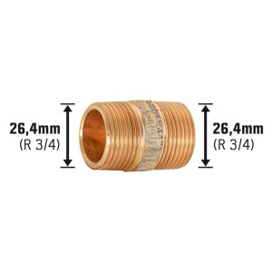 Gewinde-Doppelnippel aus Rotguss, 26,4 mm (R 3/4) für sichere Rohrverbindungen.