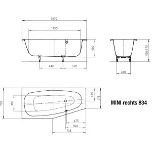 Technische Zeichnung Kaldewei Raumsparwanne Mini 157 cm, rechte Ausführung, Maße und Ansichten.