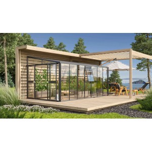 Vitavia Gewächshaus Athena 11900 ESG/HKP Schwarz mit Pflanzen auf Terrasse.