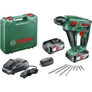 Bosch Uneo Maxx Bohrhammer Set mit Akku, Ladegerät, Bohrer und Koffer.