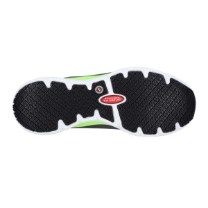 Rutschhemmende schwarze Laufsohle der Skechers S3 Sicherheitsschuhe mit weißem Rand, grünem Akzent und "Slip Resistant" Schriftzug.