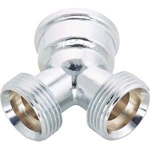 Verchromtes Messing Gewinde-Gabelstück mit Innengewinde und zwei Außengewinden.