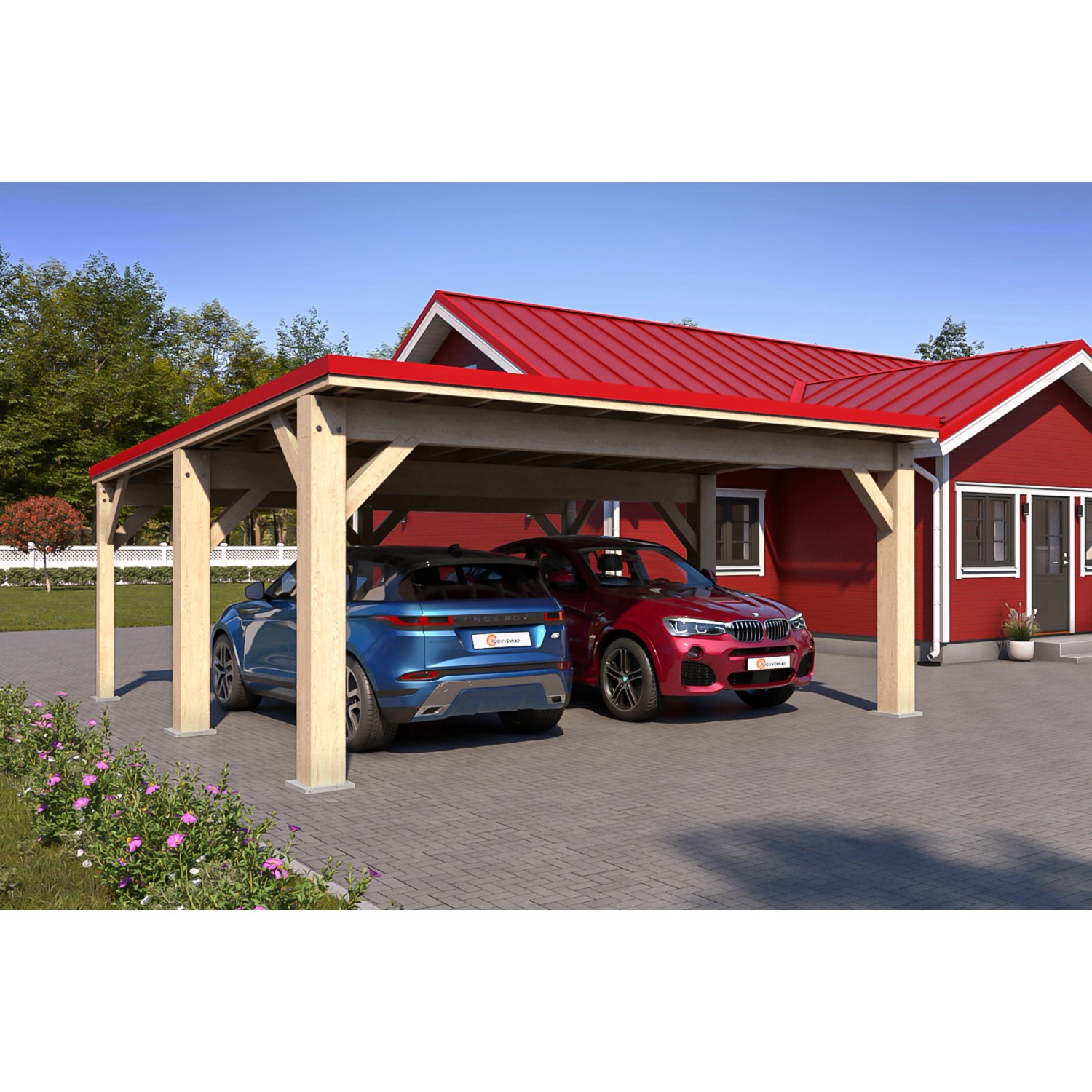 Holzbrüder Carport Ralf 36 mit rotem Dach, zwei Autos parken darunter.