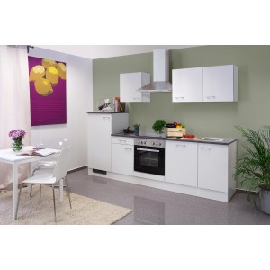 Weiße Flex-Well Küchenzeile Lucca 280 cm mit E-Geräten und grauer Arbeitsplatte.