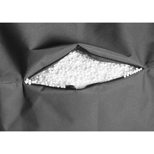 Detailaufnahme: Anthrazitfarbener Sitting Point Hocker Scuba DotCom mit EPS-Perlen Füllung.