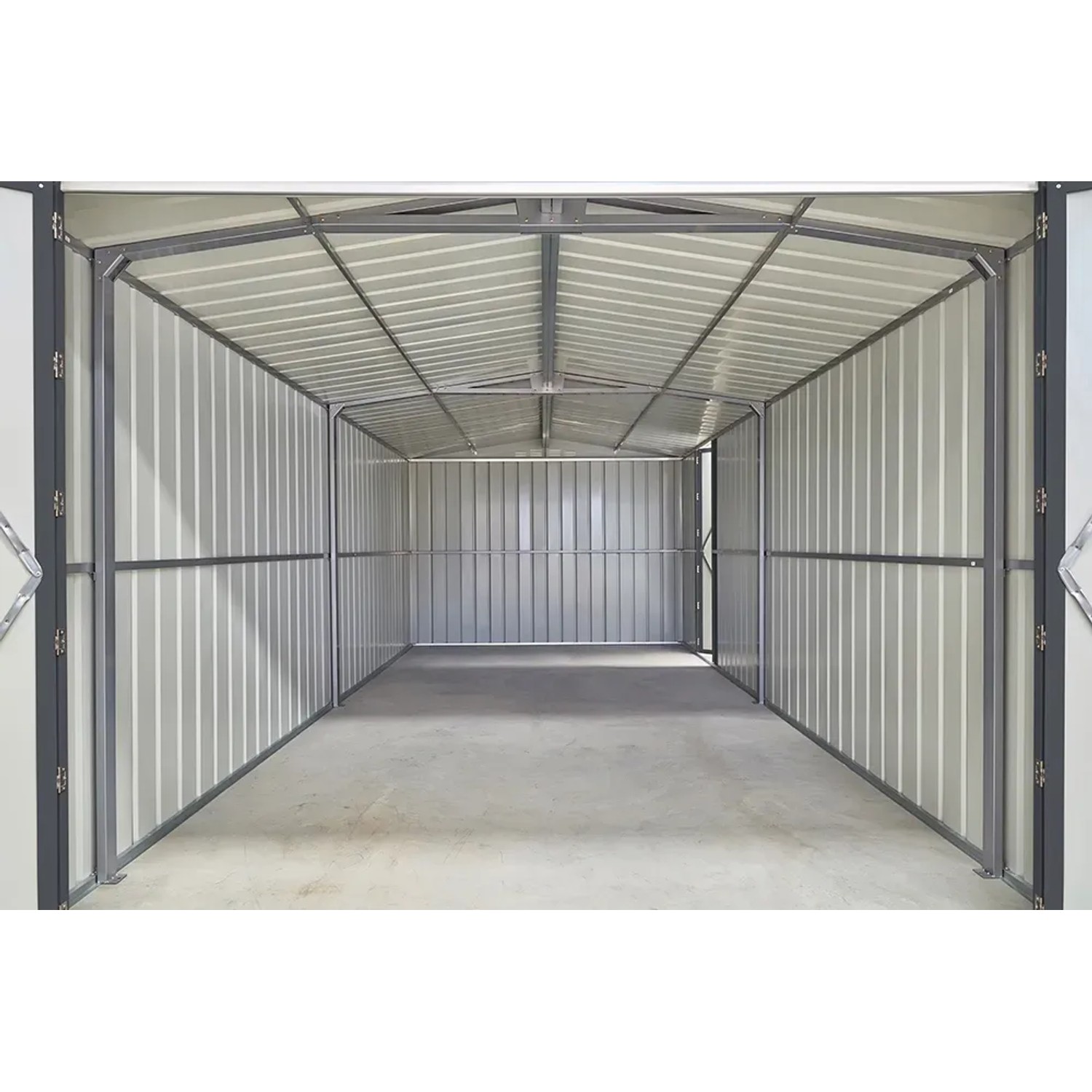 Innenansicht: Globel Gerätehaus Parker 1015, anthrazit, Metall Gerätehaus mit Satteldach.