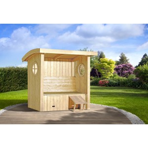 Weka Gartenlaube Merano aus gebürstetem Holz mit Runddach und Stauraum unter der Sitzfläche.