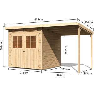 Karibu Holz-Gartenhaus Genf 3 Natur mit Anbaudach, Maße: 397x213 cm.