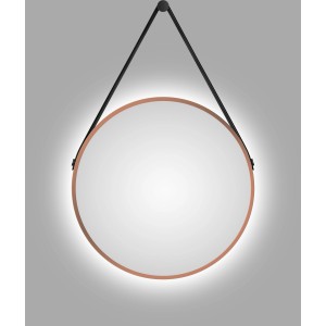 Runder LED-Lichtspiegel Silver Barbier in Kupfer mit Lederband, Ø 50 cm.