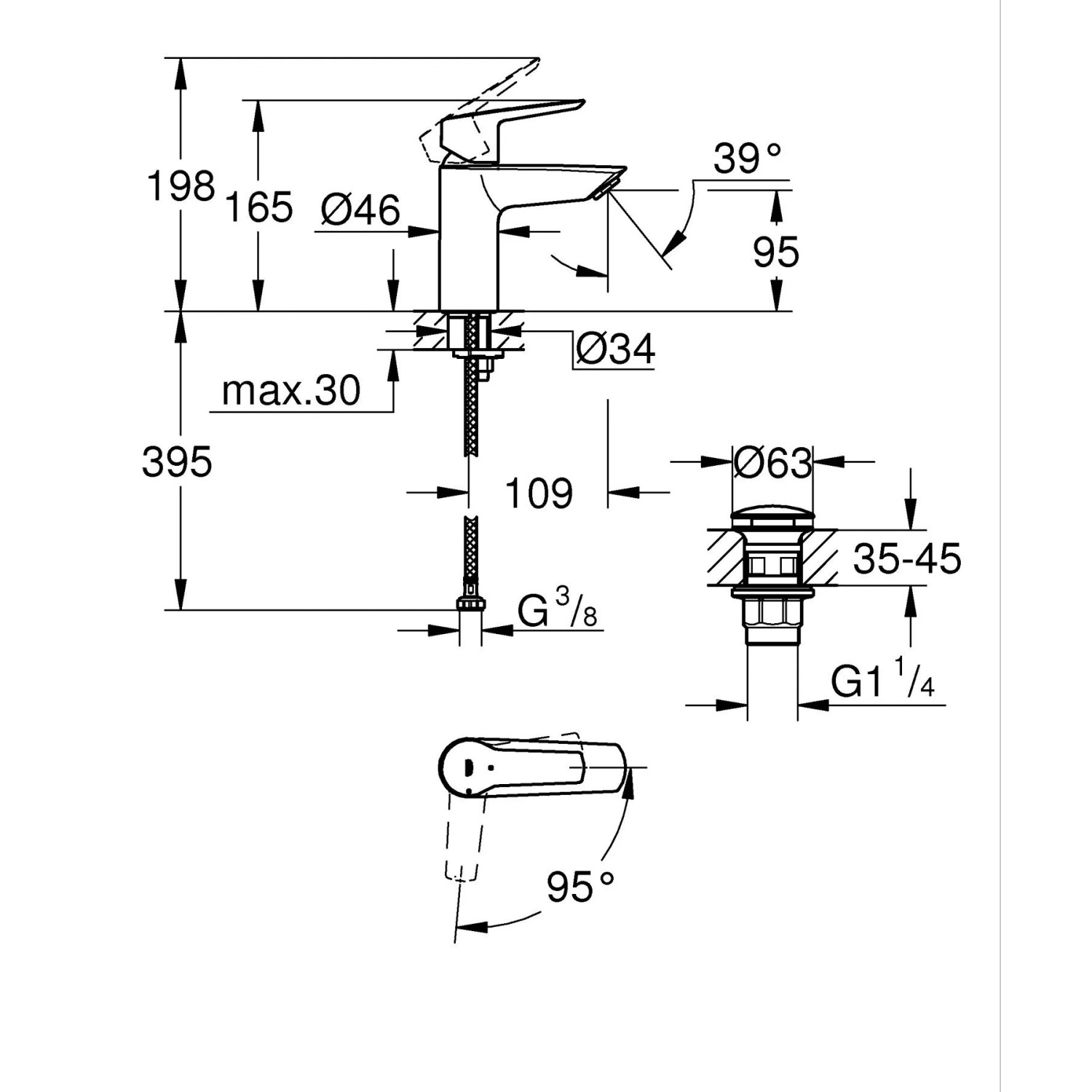 Technische Zeichnung: Grohe QuickFix Waschtischarmatur Start S Schwarz mit Maßangaben.