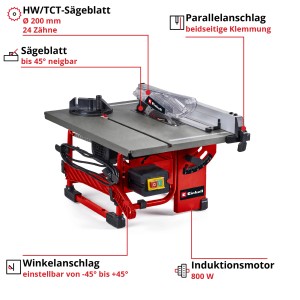 Einhell TC-TS 8 I Tischkreissäge: Kompakte Kreissäge mit Induktionsmotor und Stahl-Arbeitstisch.