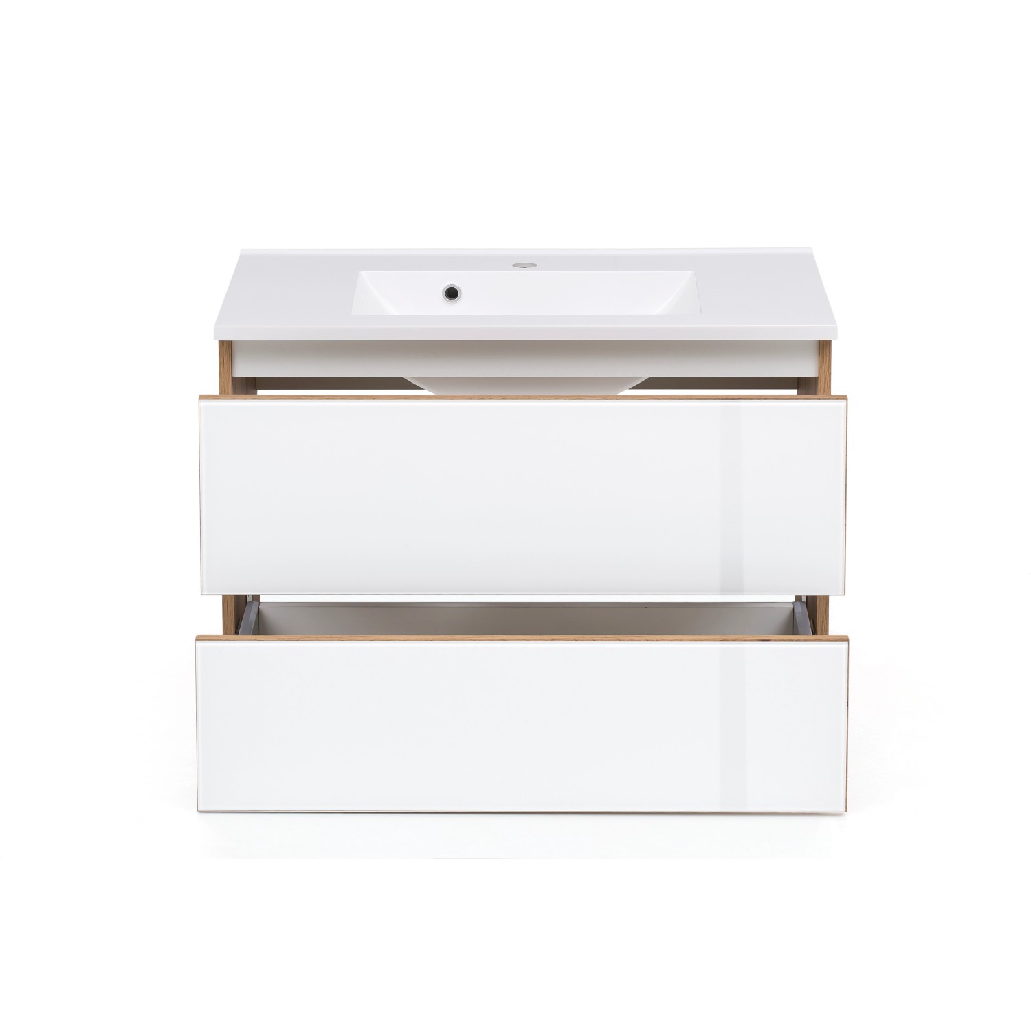 Held Möbel Waschtisch Pisa, 80 cm, Weiß-Wotaneiche, mit Mineralgussbecken und zwei Auszügen.