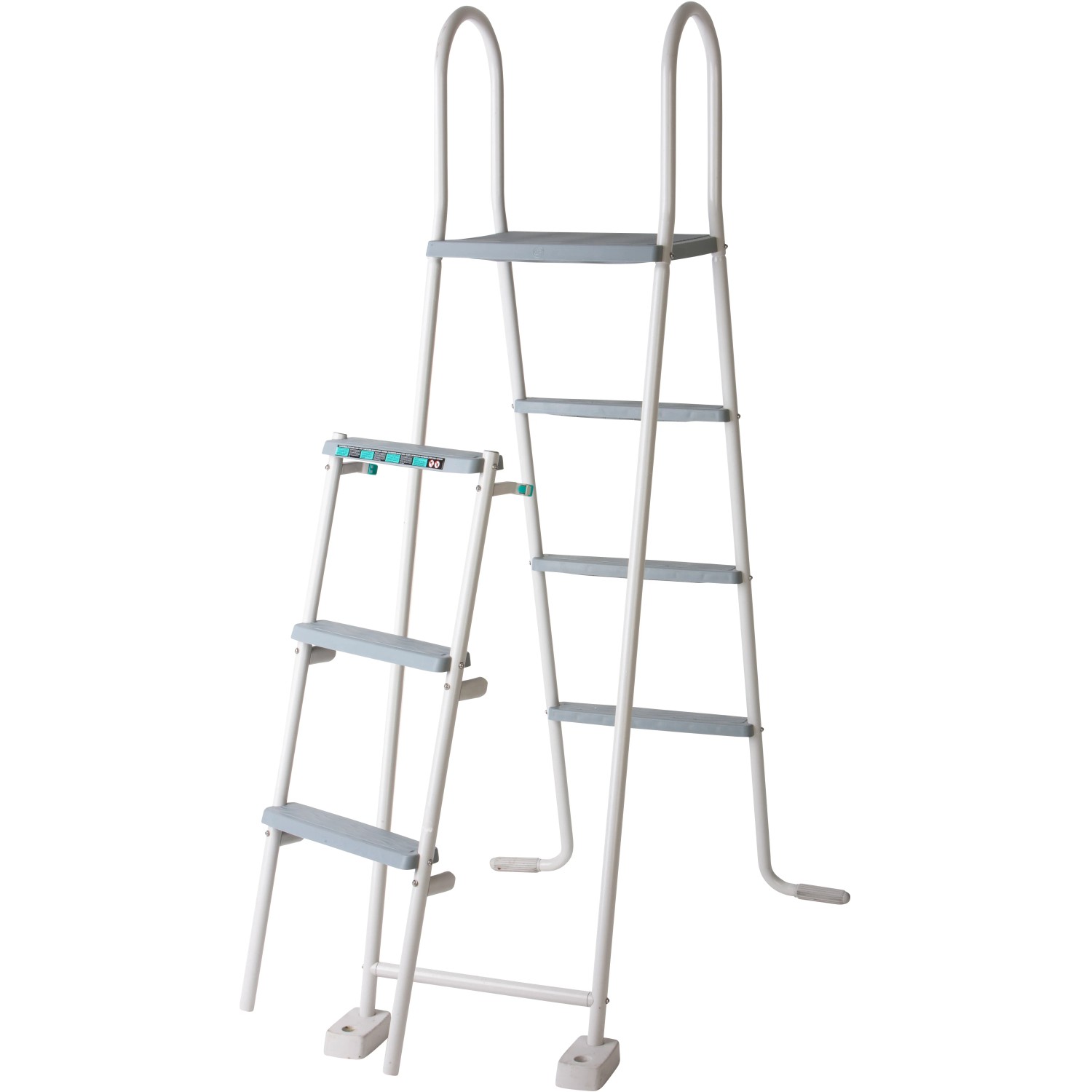 Weiße Sicherheitsleiter für Gre Stahlwand-Pool Atlantis, 134 cm hoch.