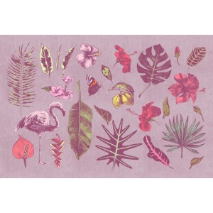 Fototapete mit Blumen, Flamingo, Blättern in Lila, Flieder und Grün. FSC®-zertifiziert.