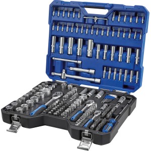 200-teiliger LUX Steckschlüsselsatz im blauen Koffer, sortiert mit Bits und Zubehör.