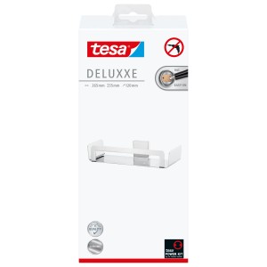 Verpackung der Tesa Duschablage Deluxxe Chrom. Rostfreies Duschregal zur Wandmontage ohne Bohren.