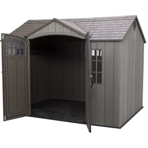 Offenes Lifetime Kunststoff-Gartenhaus Saturn 6,6 m² mit Doppeltür und Fenster.