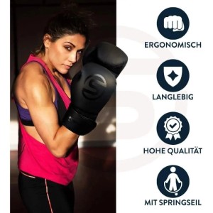 Schwarze Sportisfaction Boxhandschuhe (10oz) mit Bandagen und Springseil im Set.
