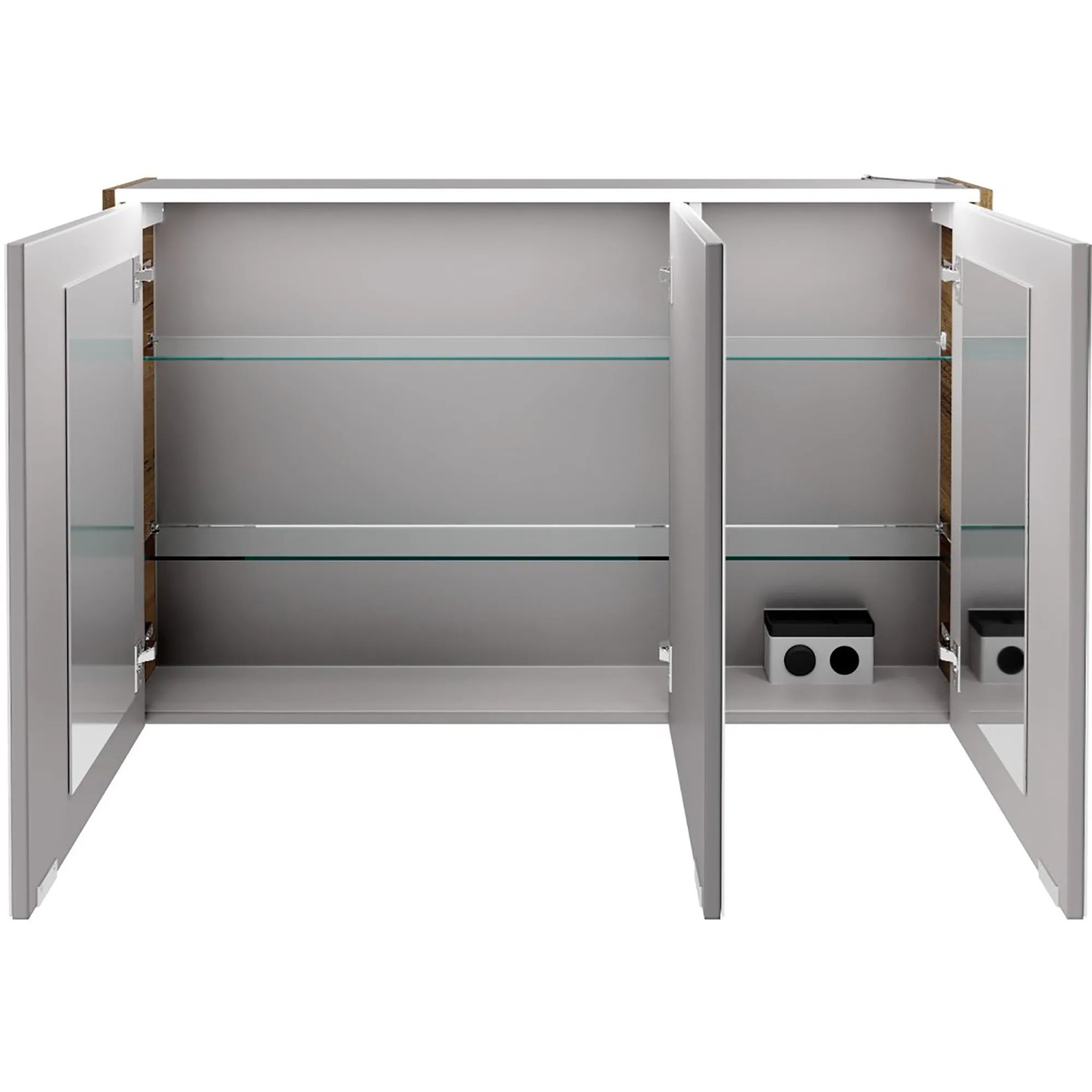 Offener Fackelmann LED-Spiegelschrank Verona, 110 cm breit, Nussbaum Dekor mit 3 Spiegeltüren und Glasböden.