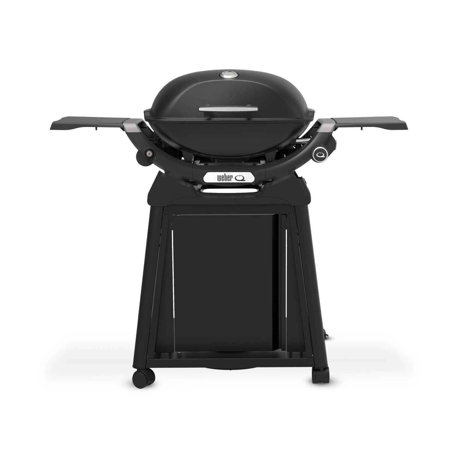 Schwarzer Weber Gasgrill Q2200N mit Rollwagen und Alugussdeckel.