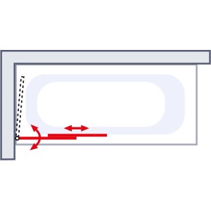 Skizze: Ausziehbarer Schulte Badewannenaufsatz mit Handtuchhalter und Schwenkfunktion.