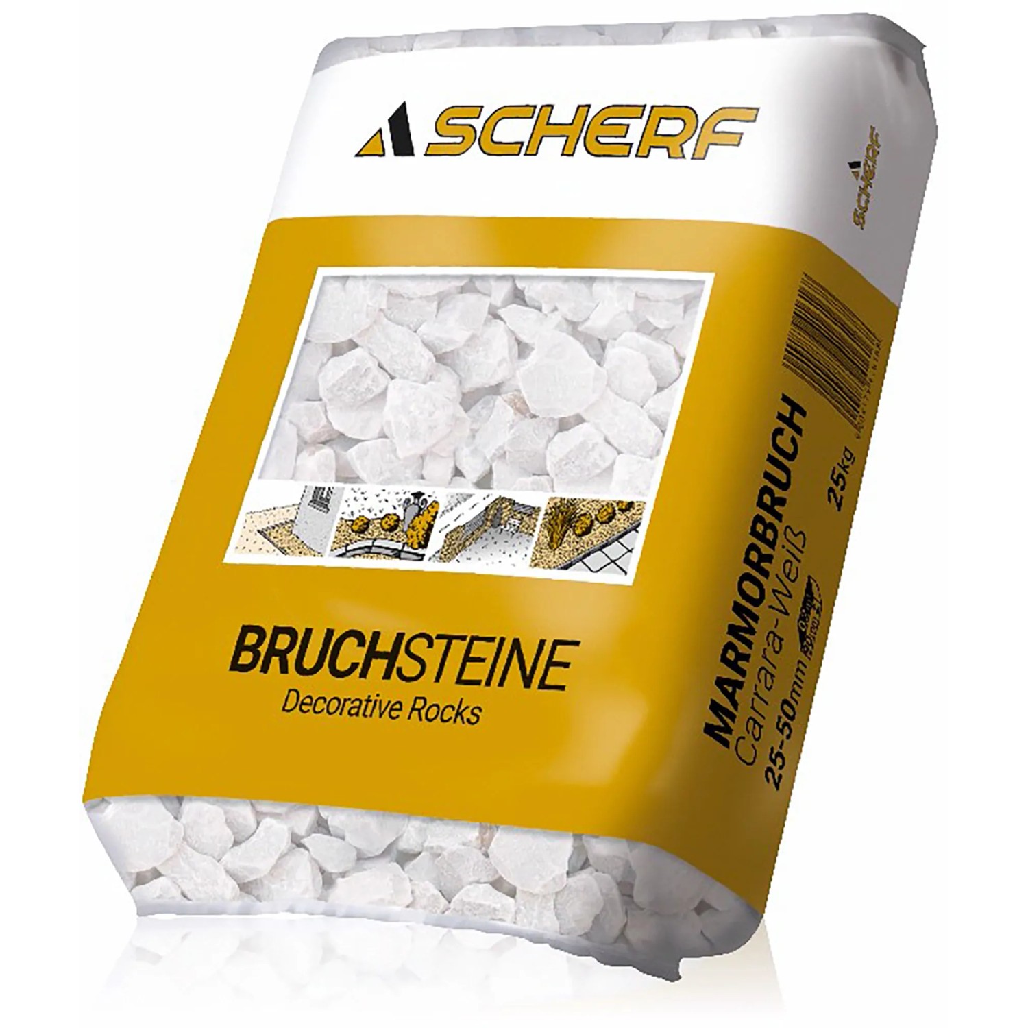 Sack Marmorbruch Carrara Weiß, 25-50 mm, 25 kg, Zierkies für Gartenwege und Beetumrandungen.